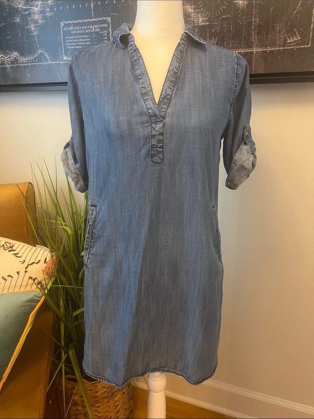 LOFT Denim-Style Chambray Tunic Dress in Light Blue